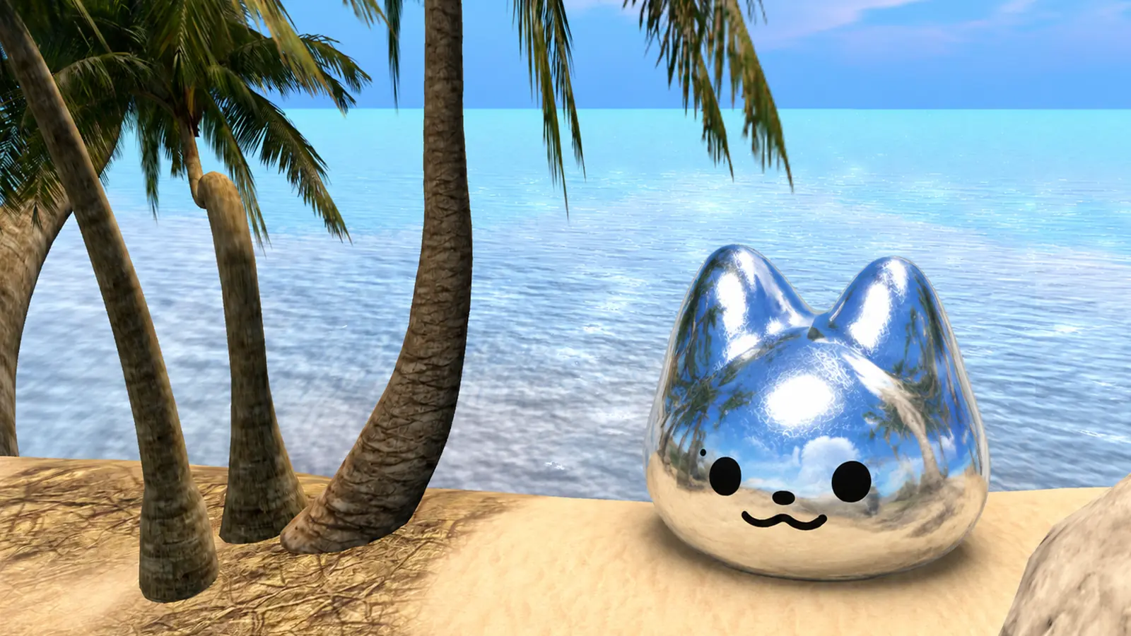 Chromie on the sand with the sea behind him